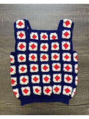 Retro Handmade Crochet Granny Square Tank Vest Crop Top Boho Hippie Festival XS